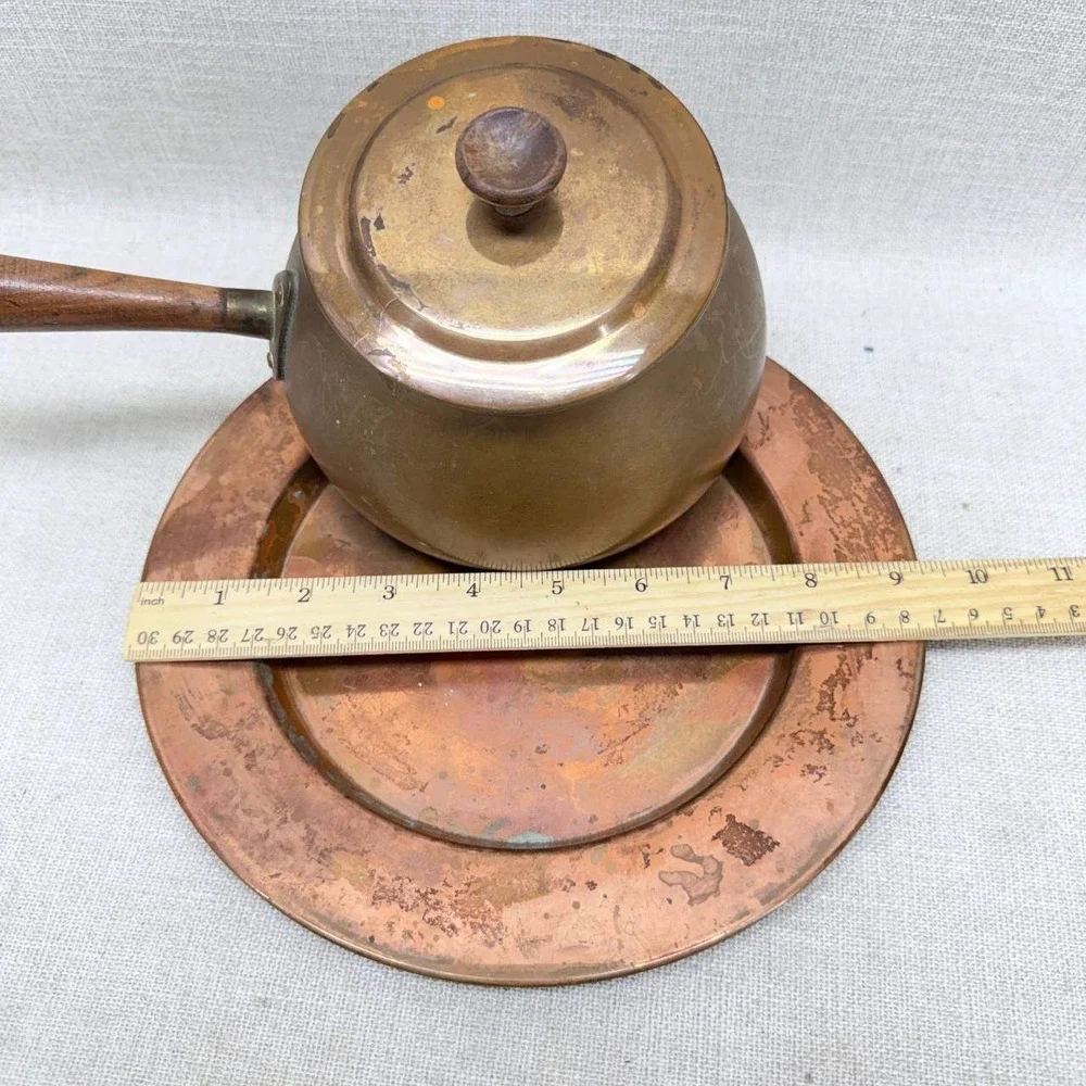 Vintage Portugal Copper Fondue Pot Set with Wood Handle and Underplate 10 inch